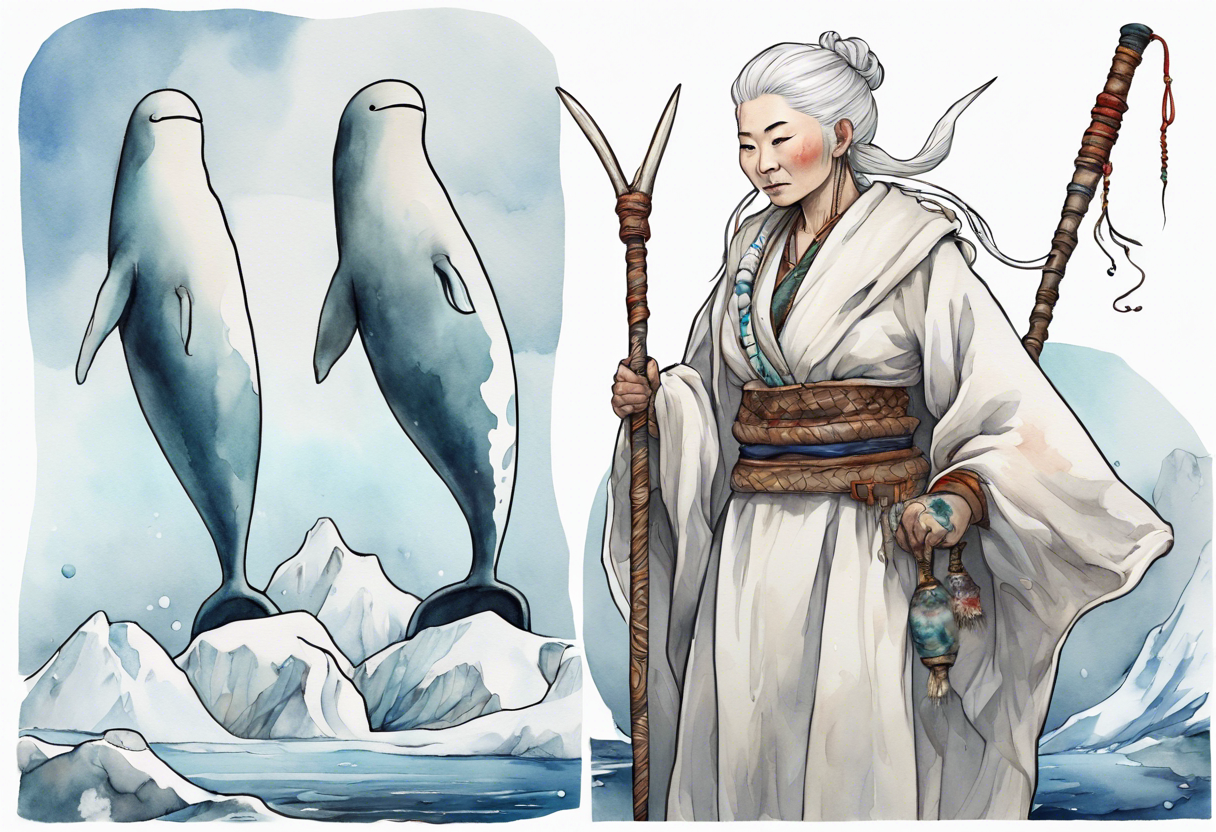 a 40 year old Sami woman with white hair and a white robe holding a long white narwhal horn, standing on an iceberg tattoo idea