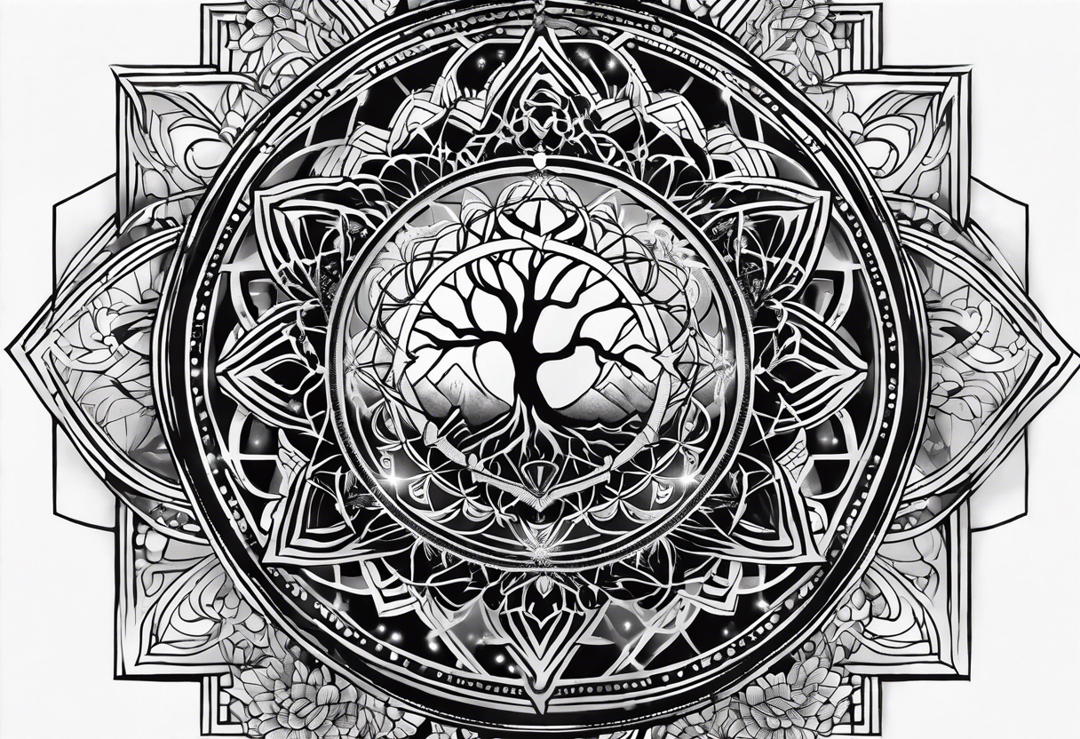 sleeve tattoo for women with symbols of sacred geometry: Metatron's cube, Kabbalah tree of life tattoo idea