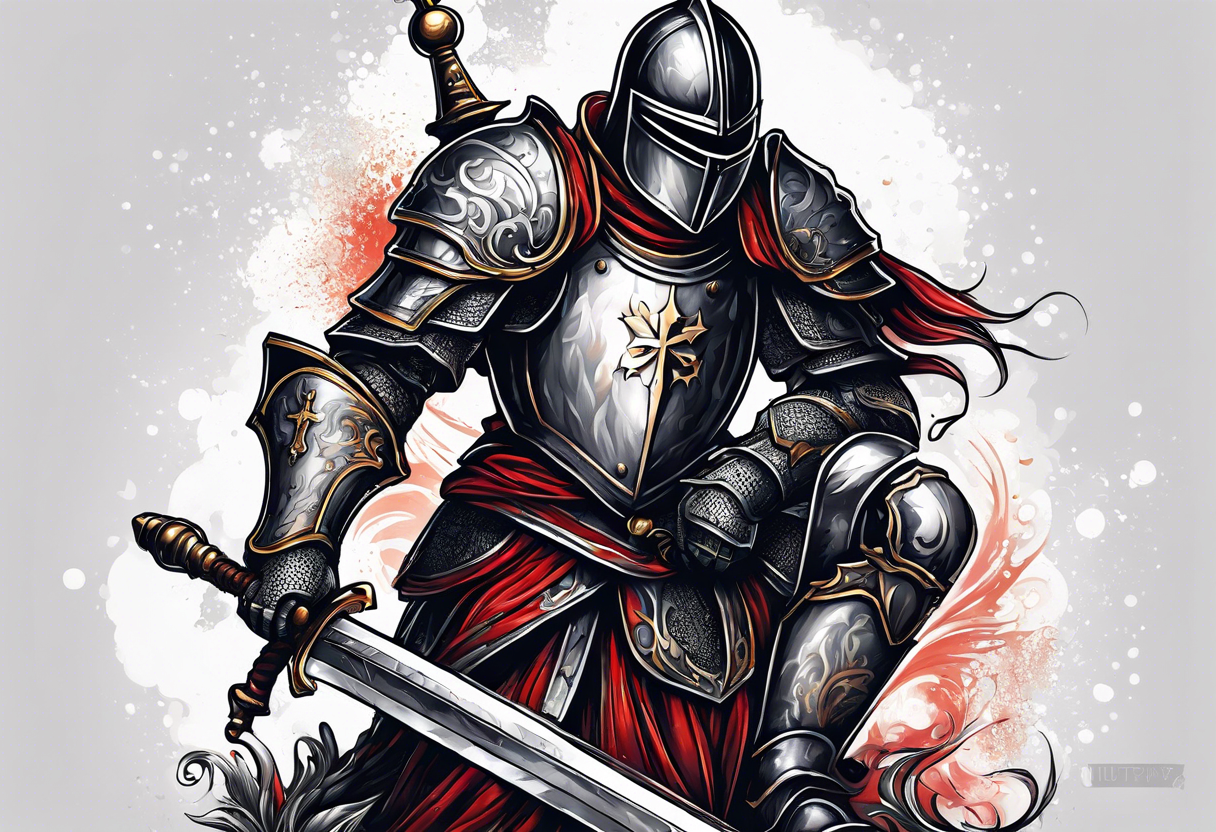 knight kneeling cross of saint george in background tattoo idea