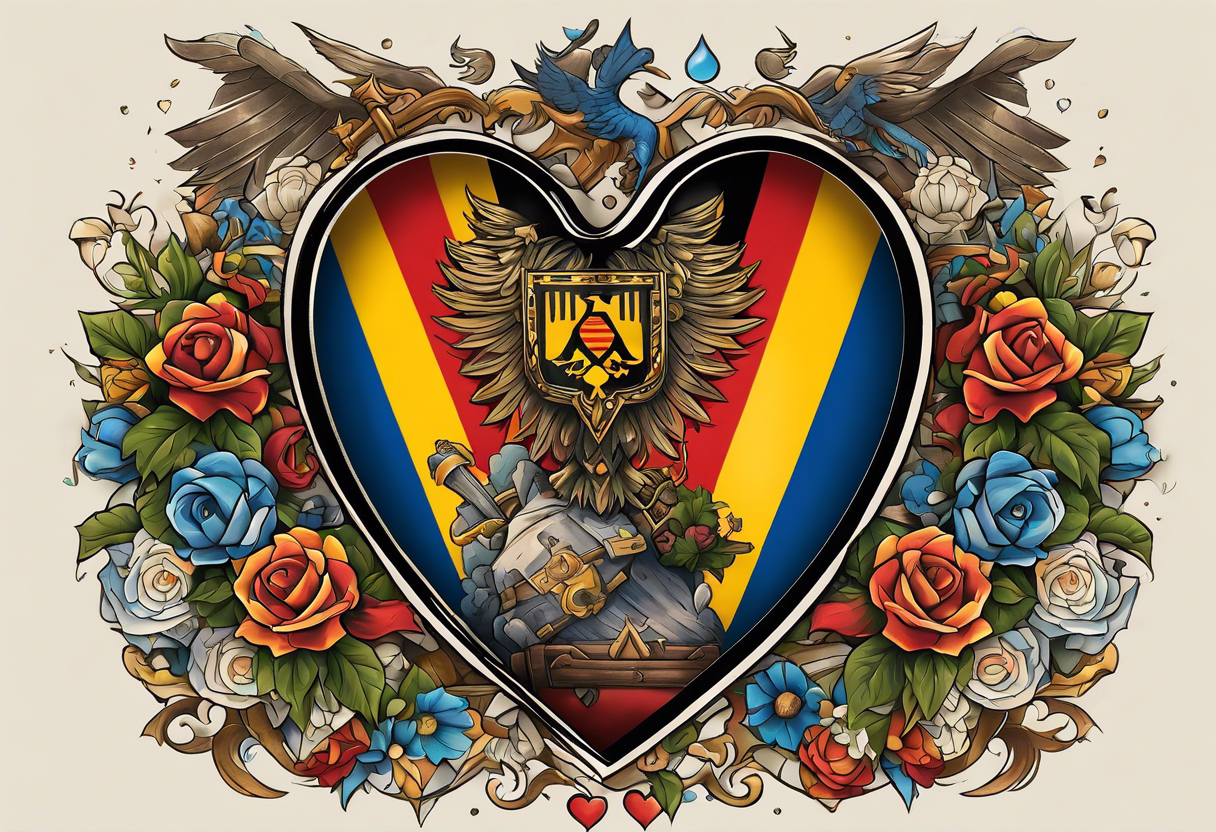 A geometric lined heart encased in the flag of Germany and North Carolina surrounded by characters from Zelda, Final Fantasy 8, and Howel's Moving Castle. tattoo idea