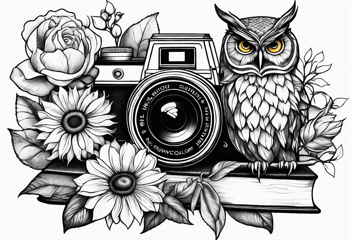 Sunflower, camera, book, owl, flower rose tattoo idea