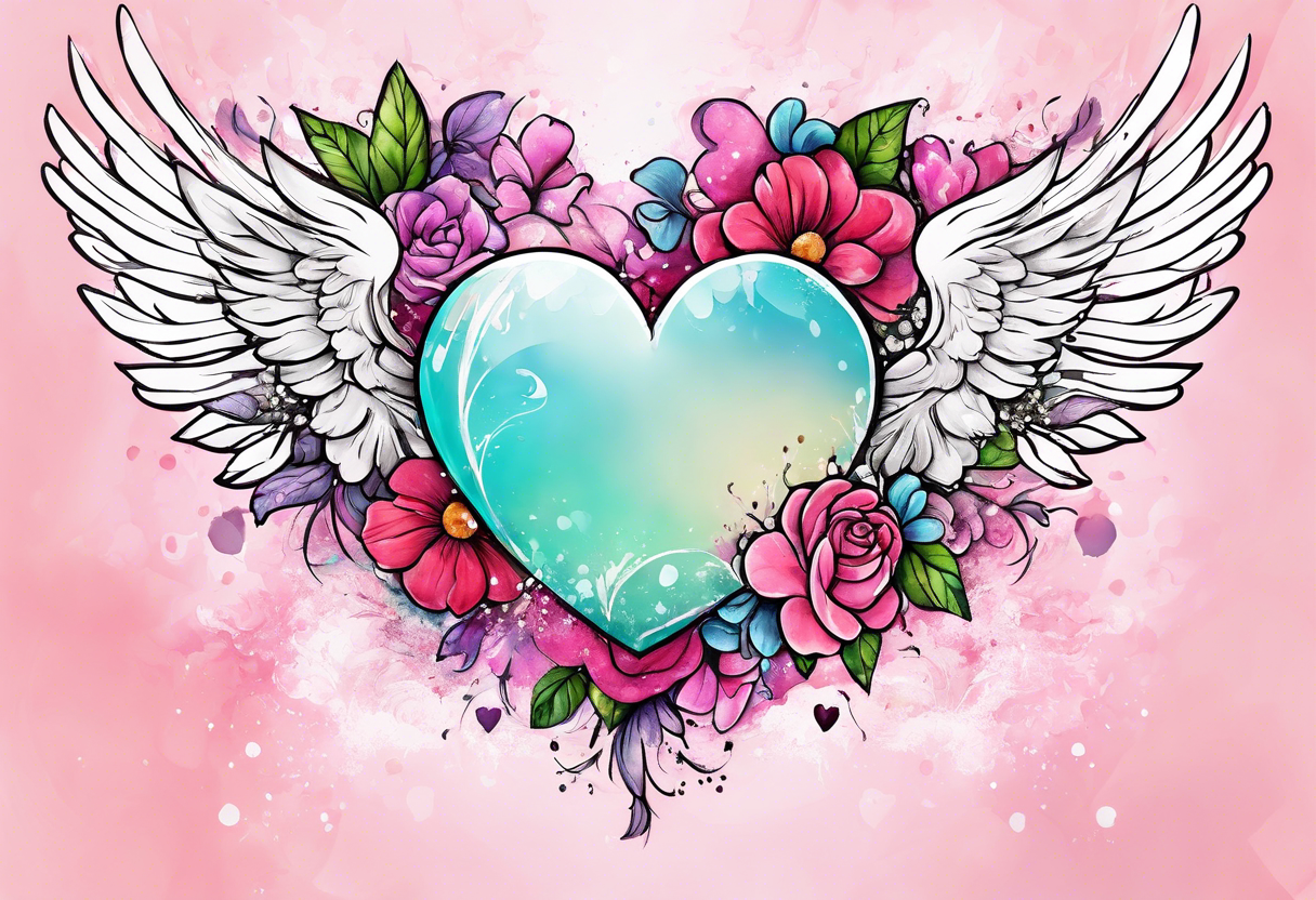 Flowers around a heart with angel wings with pink splatter water color background tattoo idea