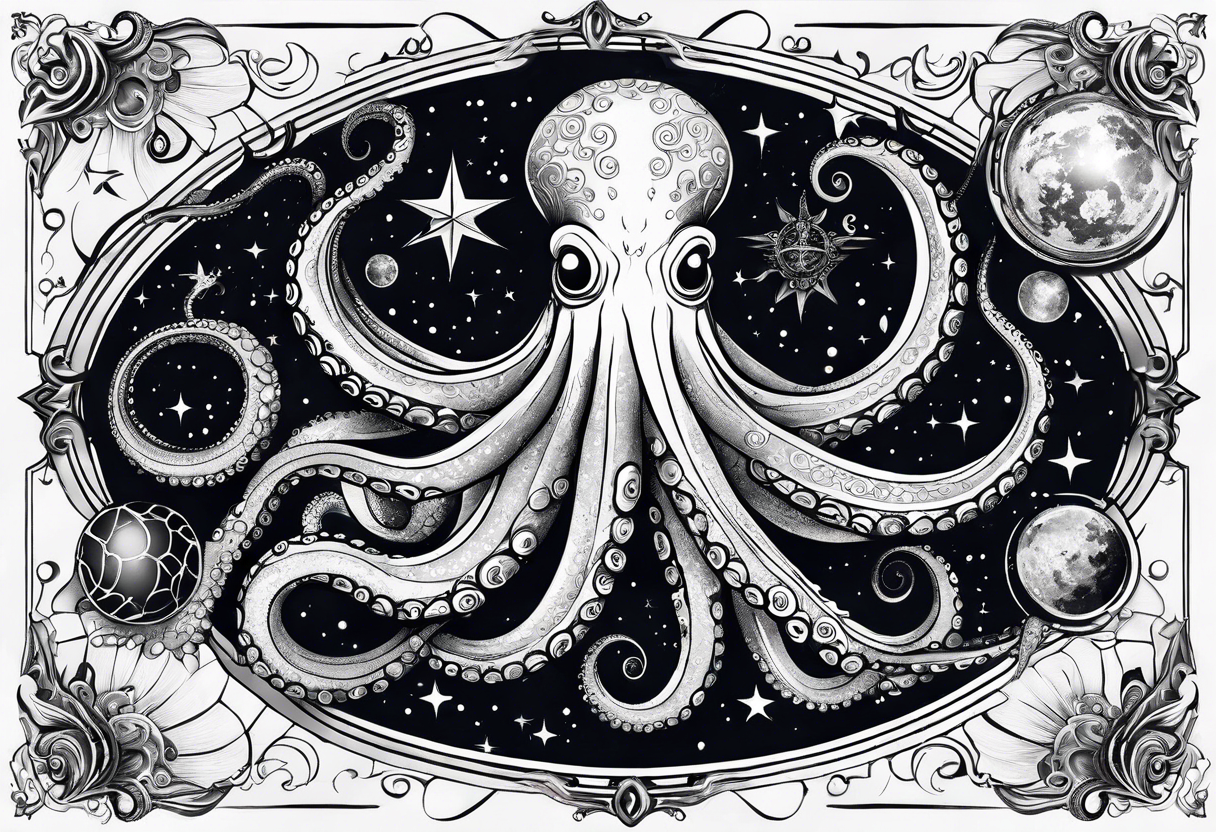 An octopus blended with celestial elements, such as stars and planets integrated into its tentacles. This can symbolize the octopus's reach and influence, connecting it to a broader universe. tattoo idea