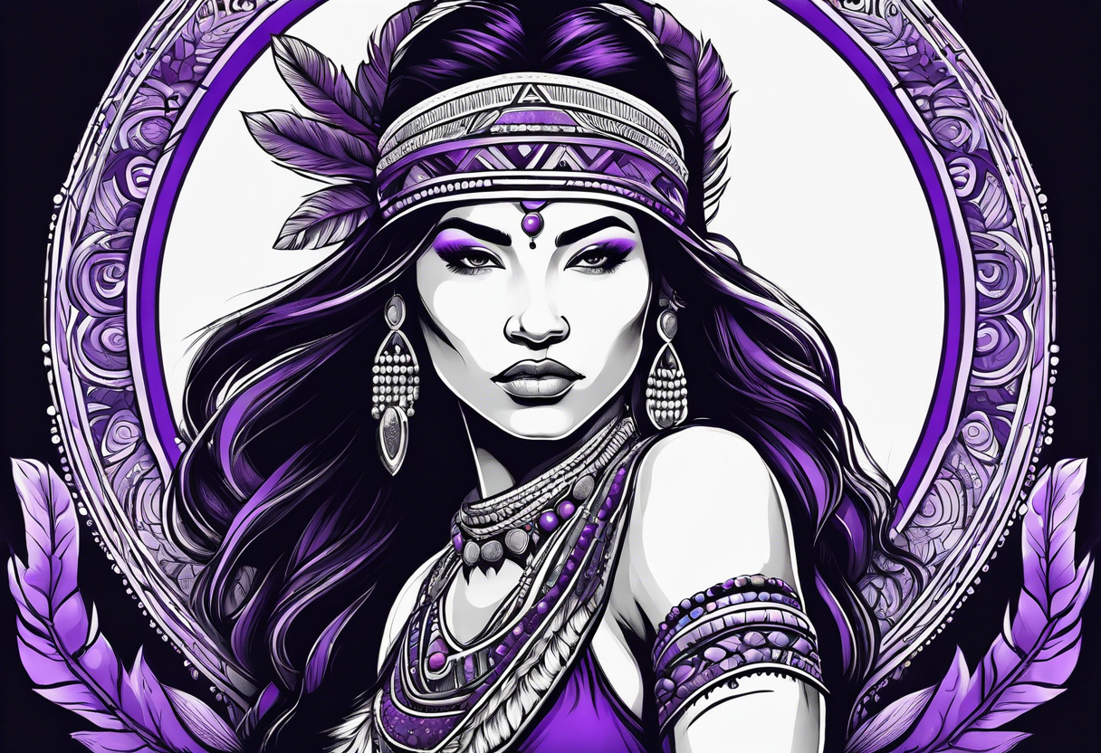 native woman female archer with bead headband sitting on a purple buffalo standing still tattoo idea