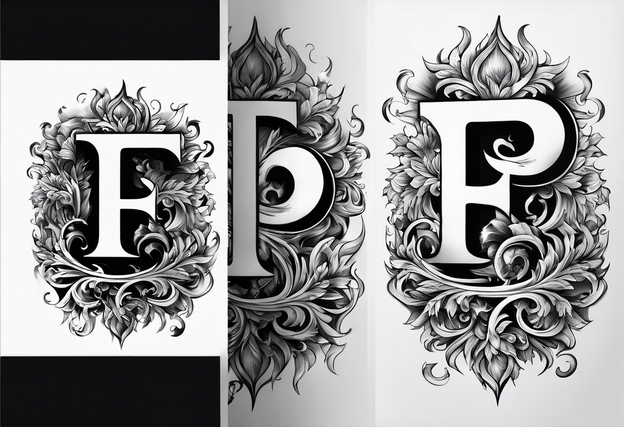 A backwards capital F next to a capital P with design elements around it. The left side should have elements of fire. The right side should have something that is fireproof or the opposite of fire. tattoo idea