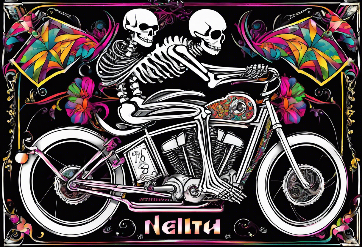 Skeleton rides a 21 speed racing bicycle with drop nars. The skeleton wears a 1980s style kit. There is no background image tattoo idea