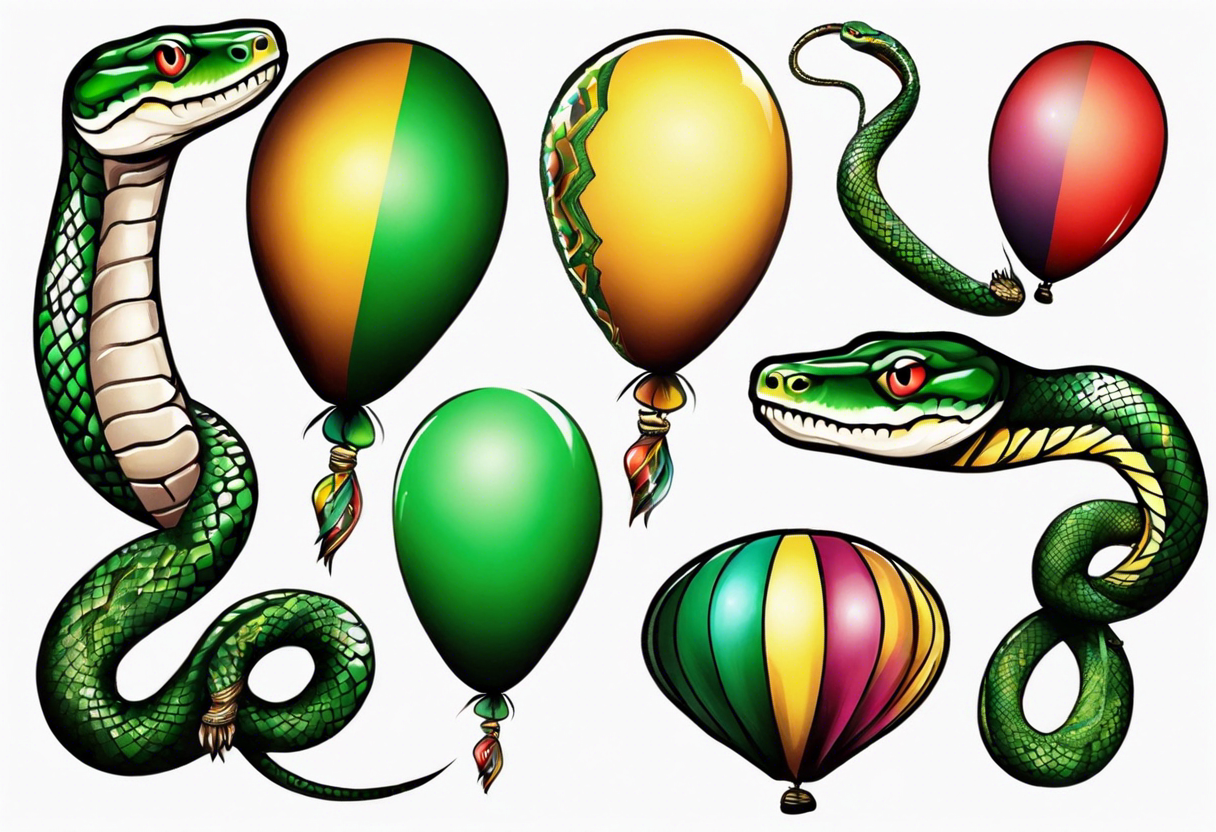 african python with colored ballons aside and a green stone on the other side tattoo idea