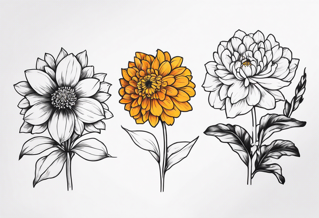 marigold, chrysanthemum, and 
narcissus side by side tattoo idea