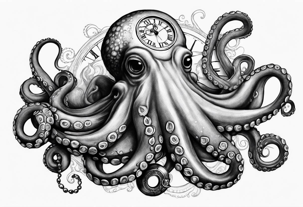 Octopus over an old pocket watch with his tentacles, in a natural pose tattoo idea