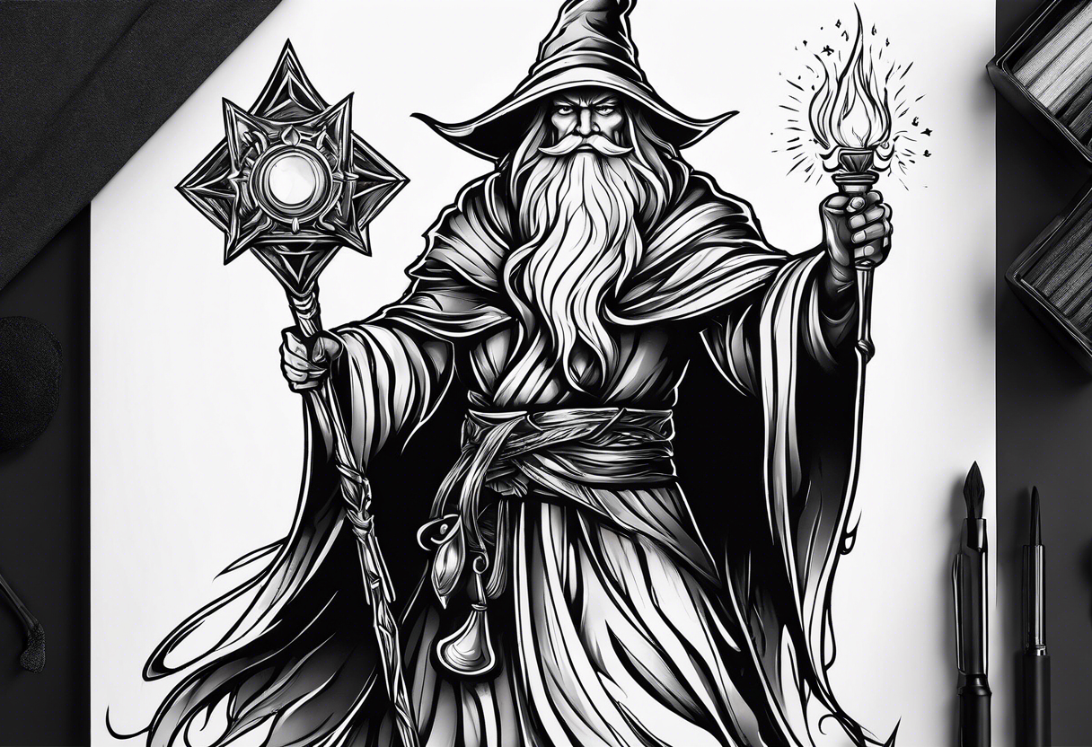 Wizard encased in flames and carrying a staff with a shining gem on top tattoo idea