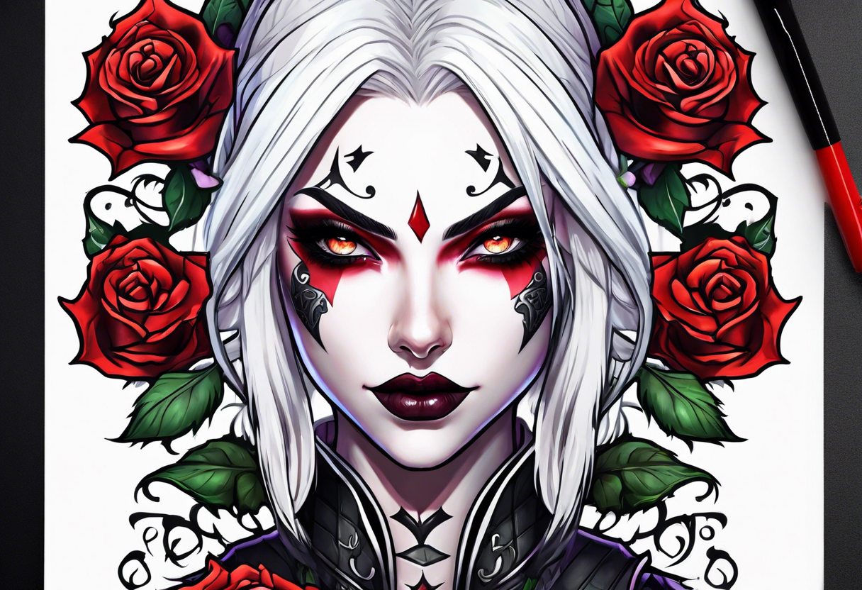 night elf demon hunter designed like harley quin with white hair and roses tattoo idea