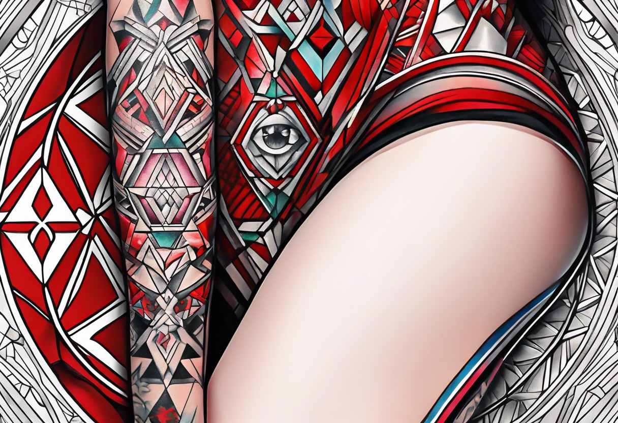 Knee tattoo with tints of red and sacred geometry tattoo idea