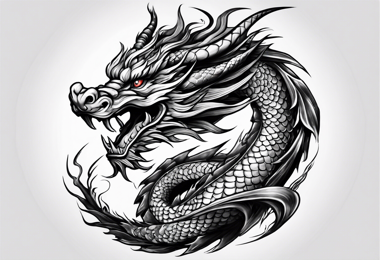 Brushstroke oriental dragon with wrapped around a sword tattoo idea