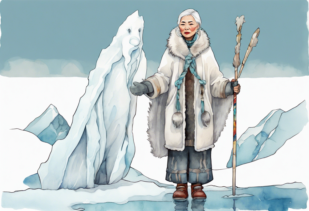 a middle aged Inuit woman with white hair, wearing mittens, mukluks, and a white cloak. Holding a white staff. Standing on an iceberg alone tattoo idea