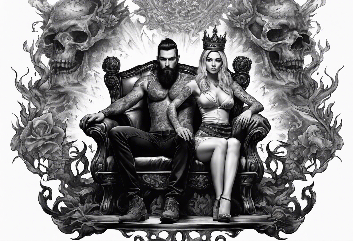 A man wearing a black crown and a women on a throne in Hell sitting on skulls with flame above tattoo idea