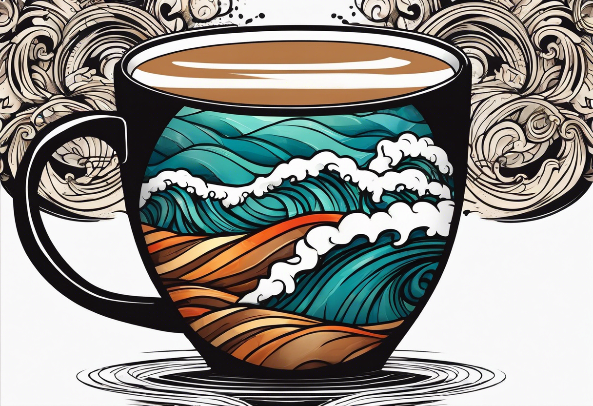 Circular retro design with coffee mug and ocean wave on mug tattoo idea