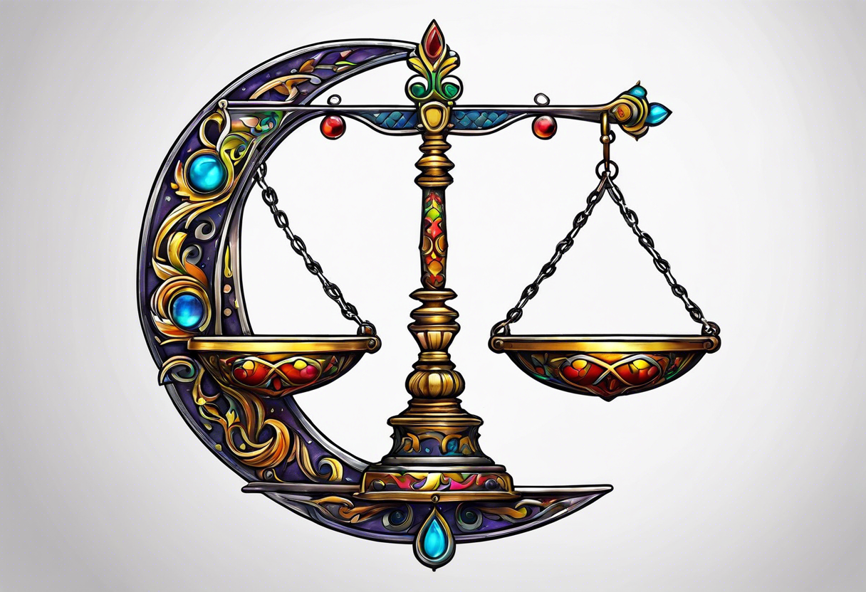 Vibrant Libra scales hanging from a half moon tattoo idea