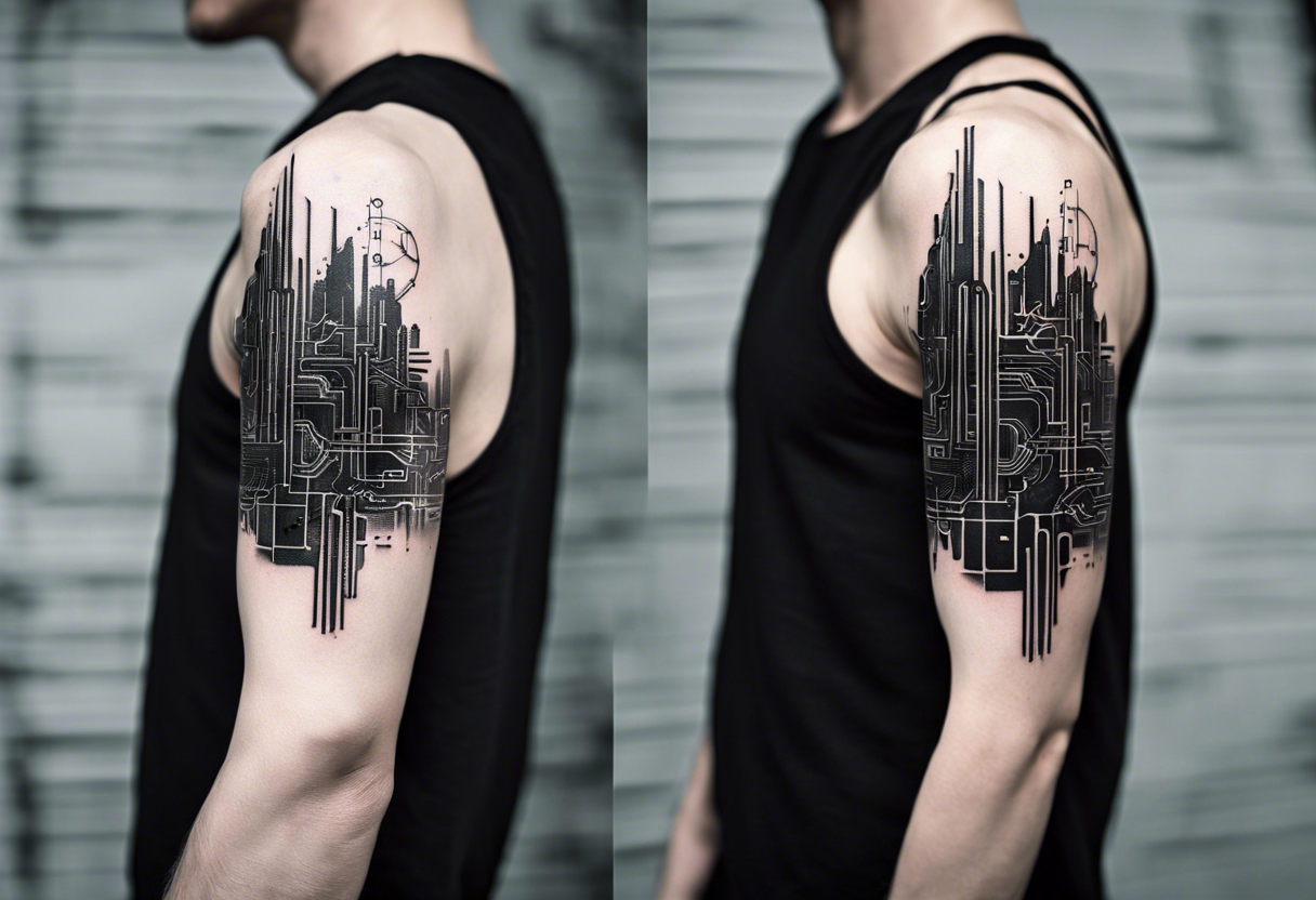 Minimalist cyberpunk tattoo that represent heaven and hell that fits on the  upper arm at the