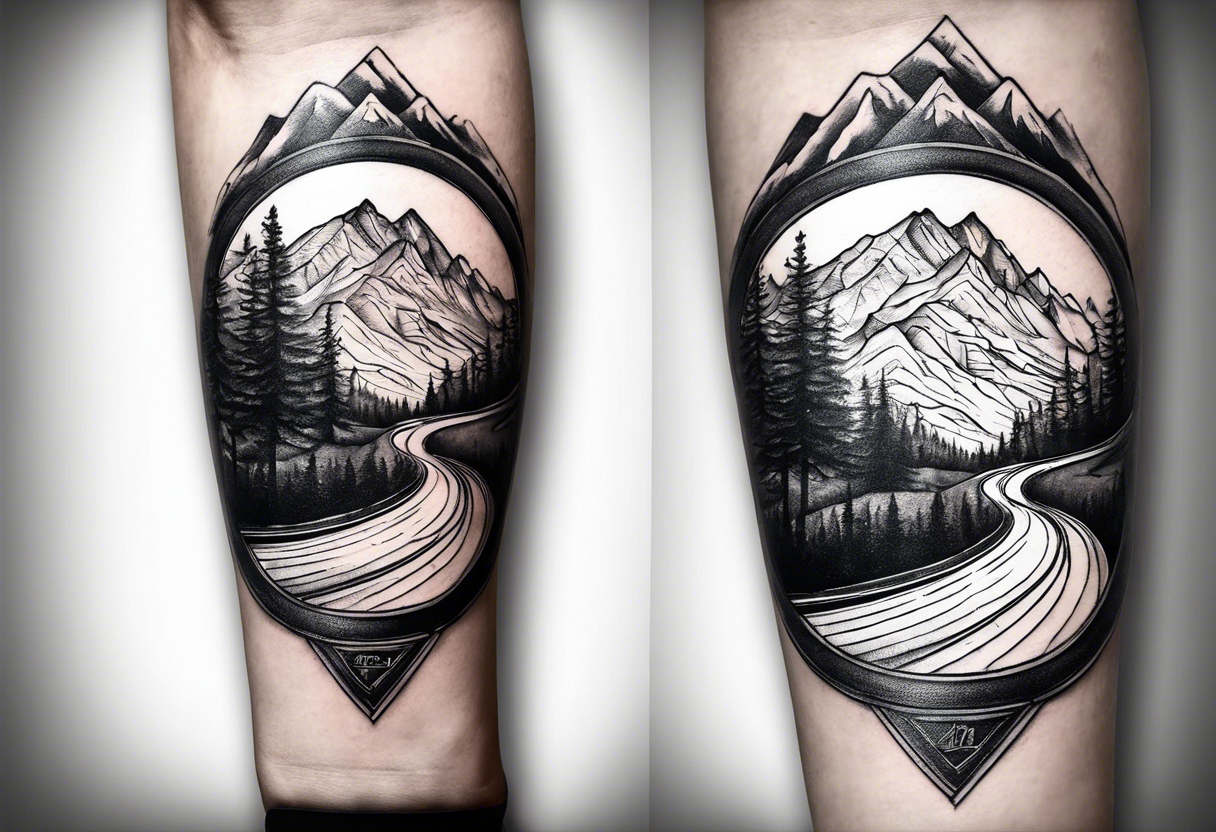 road into mountain on forearm with quote my road, my journey tattoo idea