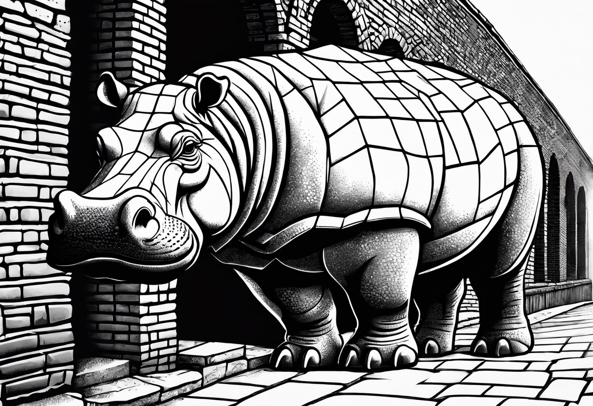 Hippopotamus standing upright and laying bricks onto a partially built brick wall tattoo idea