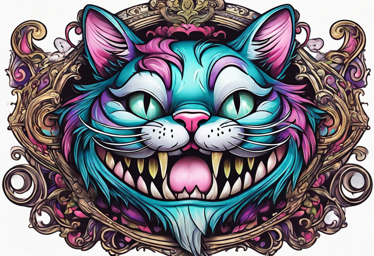 the whole body of the cheshire cat with head turned upside down, show legs and tail tattoo idea