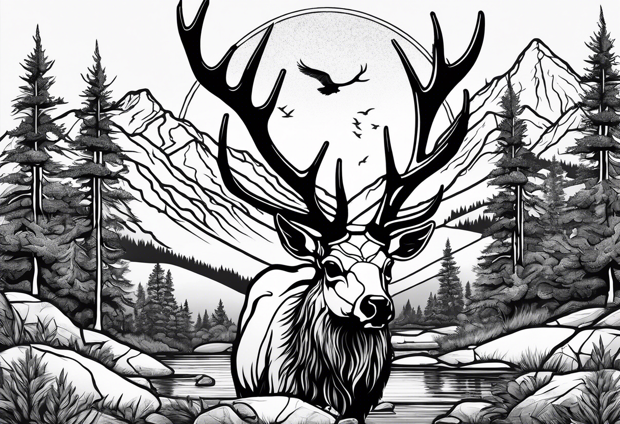 elk skull with mountains and trees
with a stream and birds overhead tattoo idea