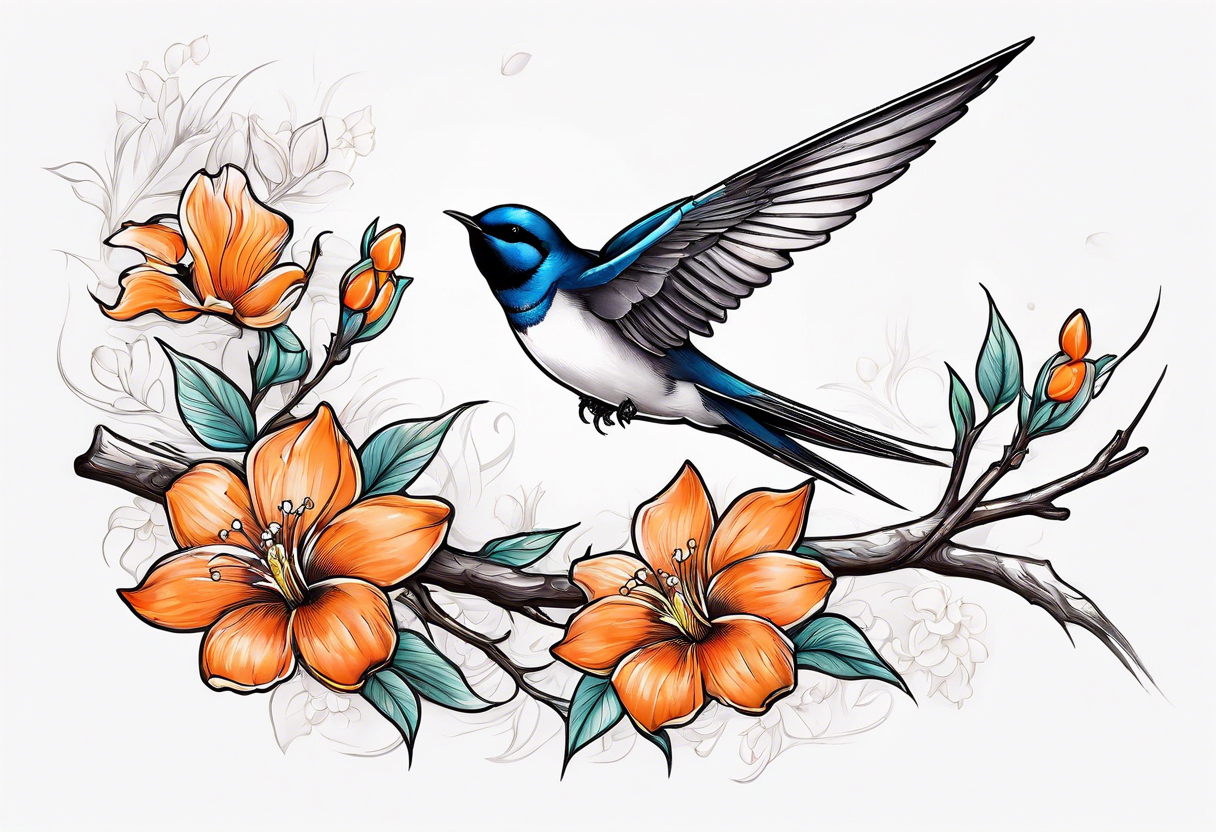 swallow lifting off of branch with orange blossoms tattoo idea