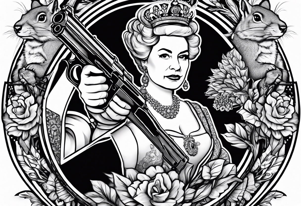 the queen of england shooting a pistol at a squirrel tattoo idea