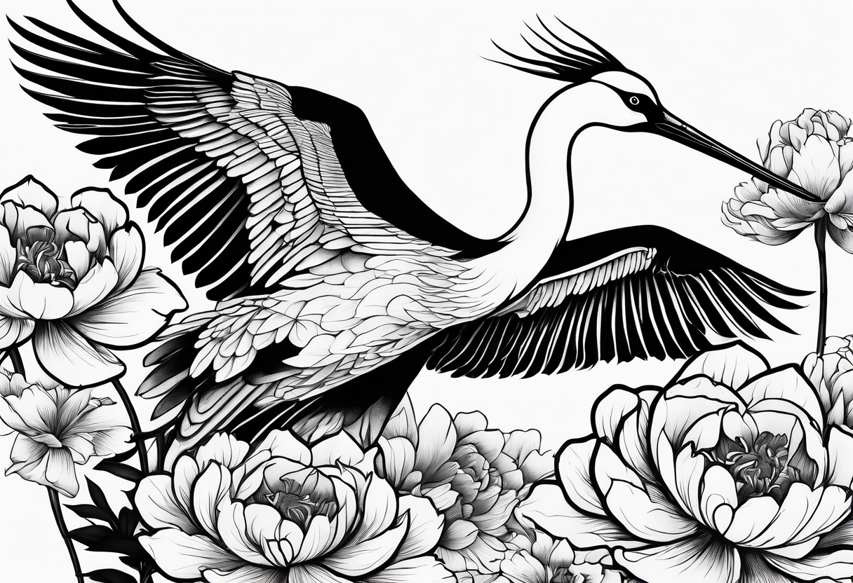 Japanese crane flying through peonies tattoo idea