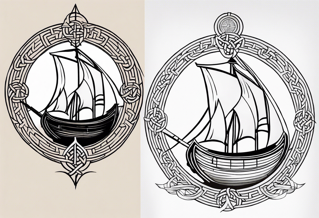 Viking longship, celtic rune compass, Yggdrasil, shoulder placement tattoo idea