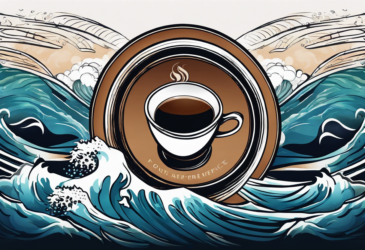 Circular retro design with coffee mug and ocean wave on mug tattoo idea