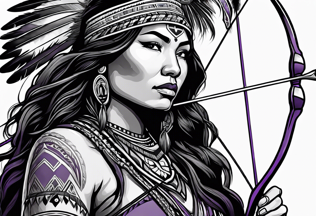 native american female archer on a purple buffalo tattoo idea