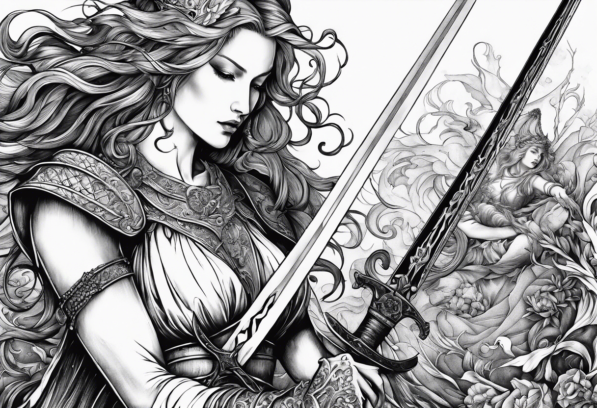 the goddess nemesis long sword scary blood hell tattoo idea