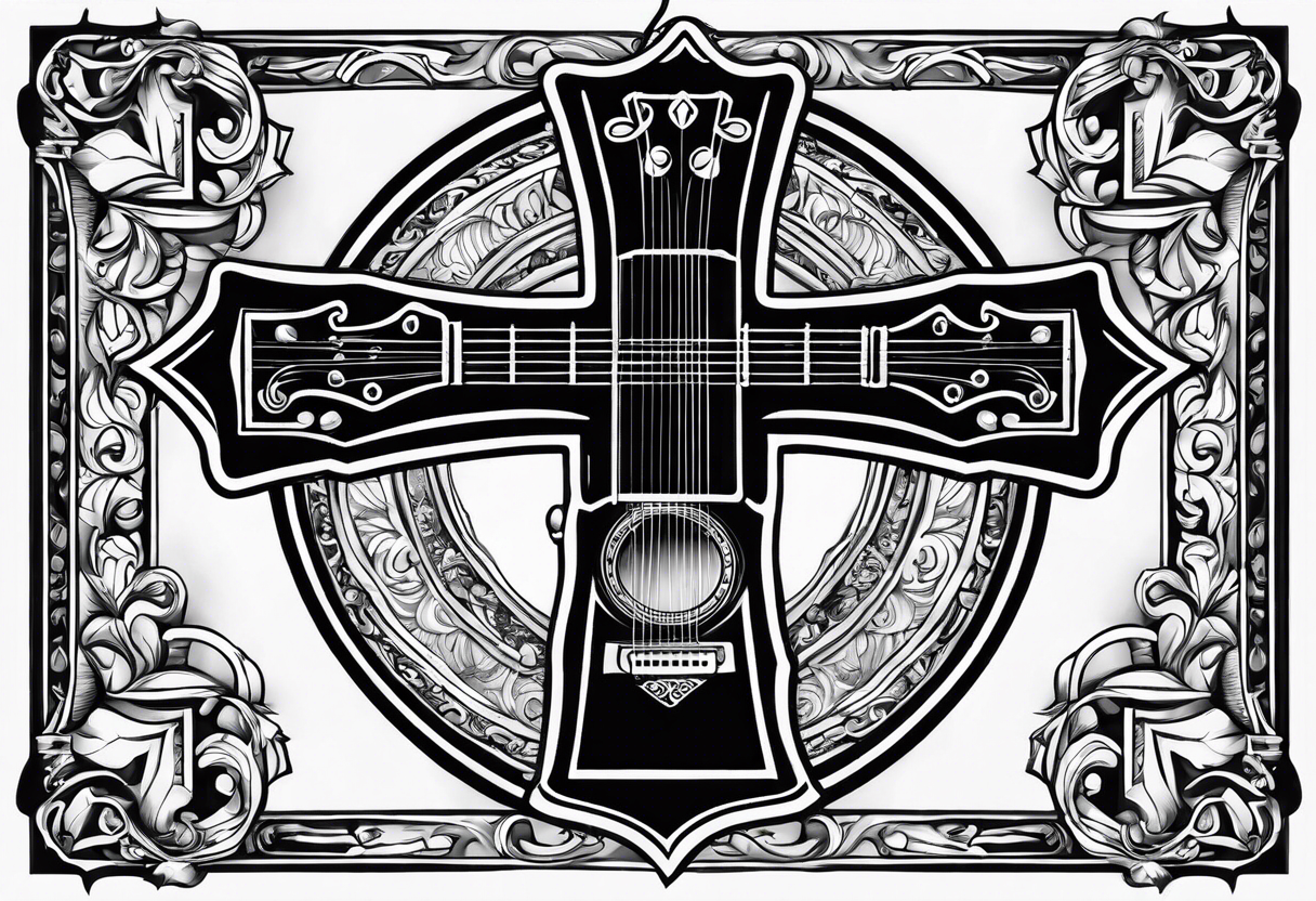 detailed christian cross with acoustic guitar tattoo idea