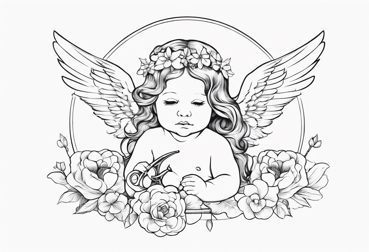 baby renaissance angel on cloud, long hair with flowers, holding bow and arrow, celestial, ethereal tattoo idea