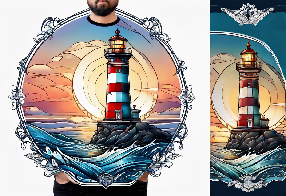 maritime lighthouse partially hidden by its large fixed sail. calm sea reflection. tattoo idea