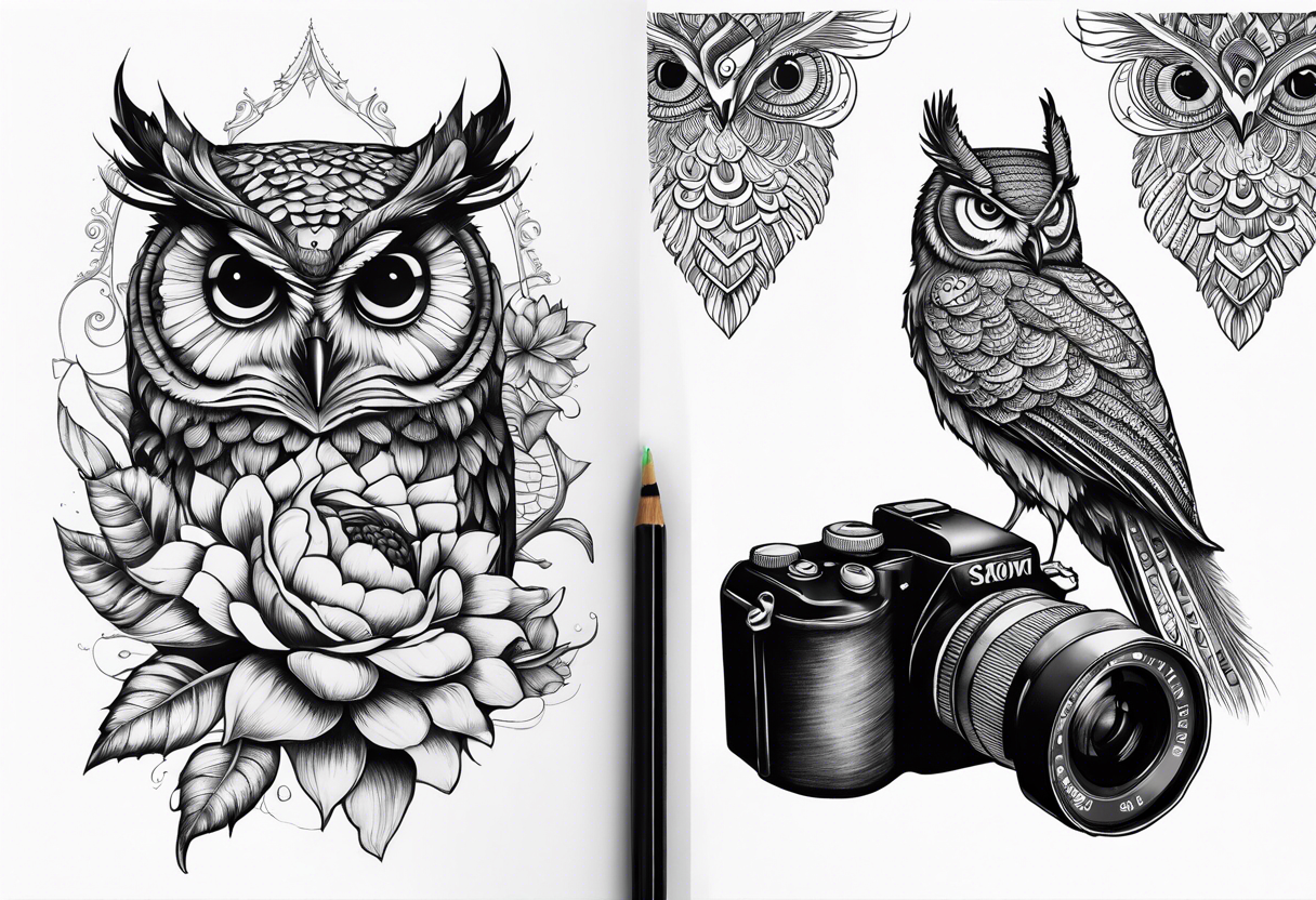 Sunflower, camera, book, peacock, owl tattoo idea