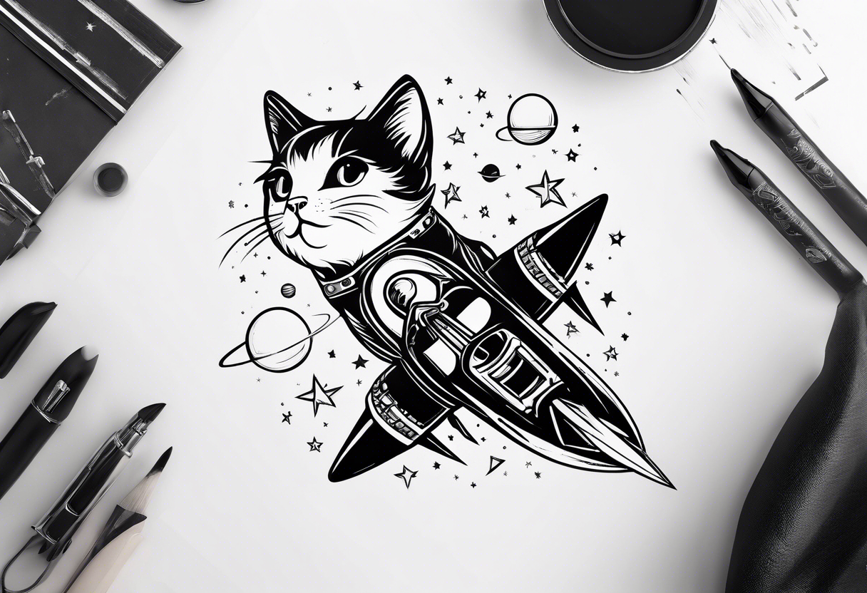 a kitten riding a rocket in space tattoo idea