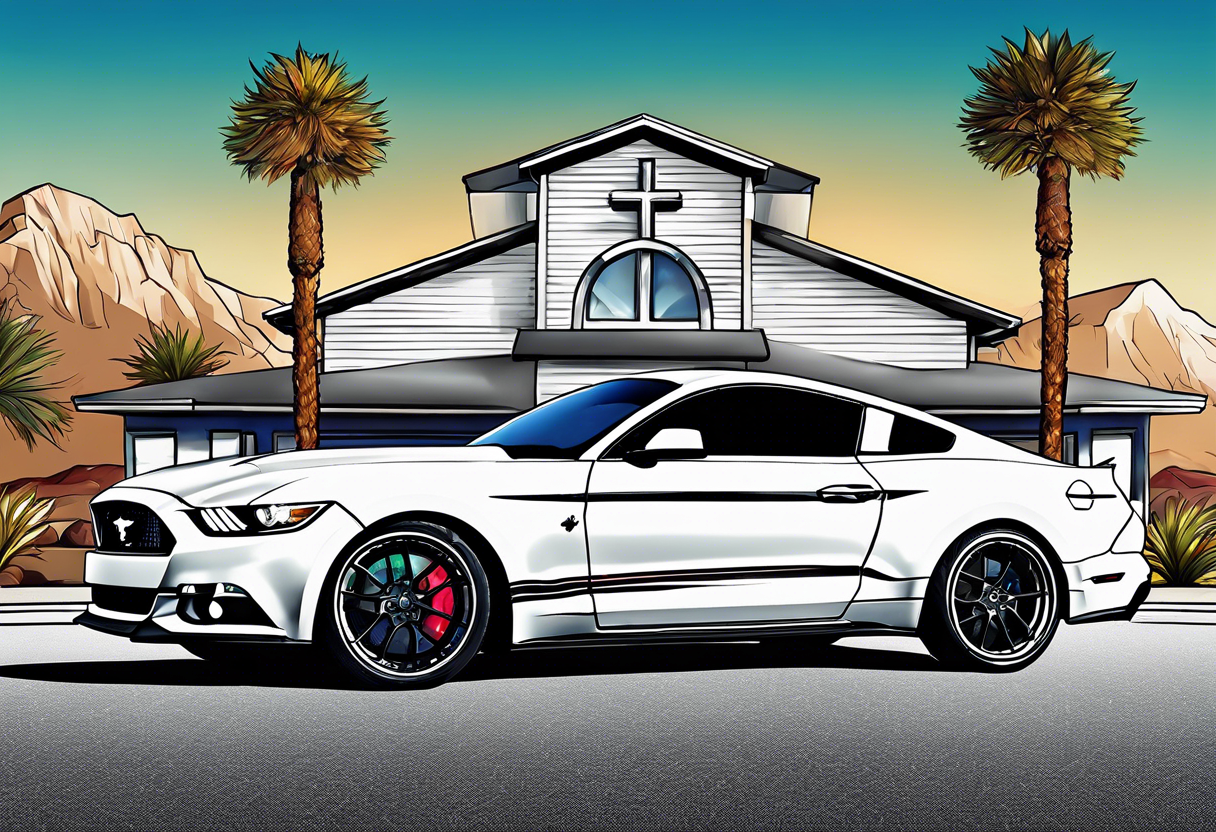 Ford mustang in front of little white Wedding Chapel in las vegas tattoo idea