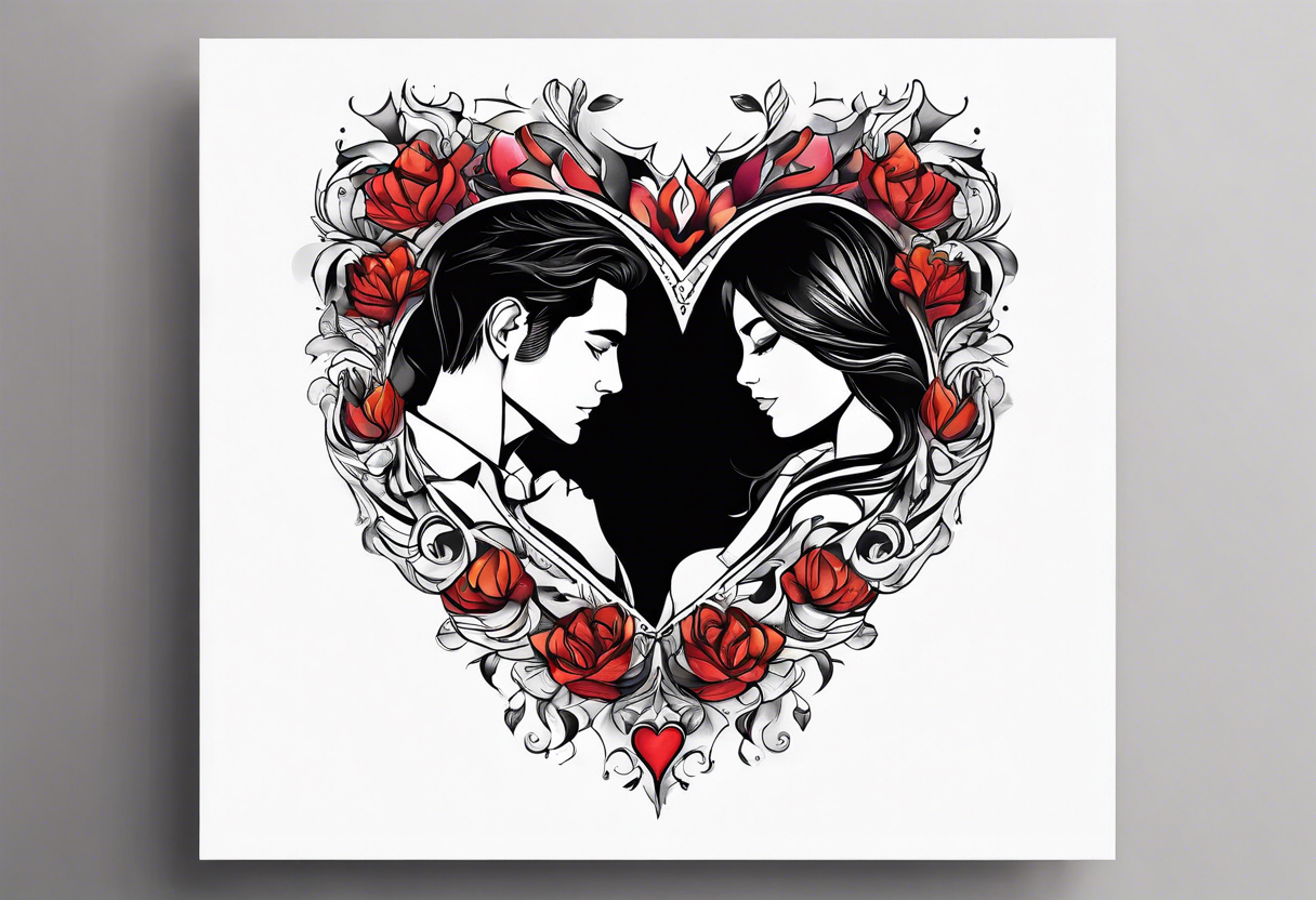 A girl with an empty heart and a guy with a burning heart. They stand back to back tattoo idea