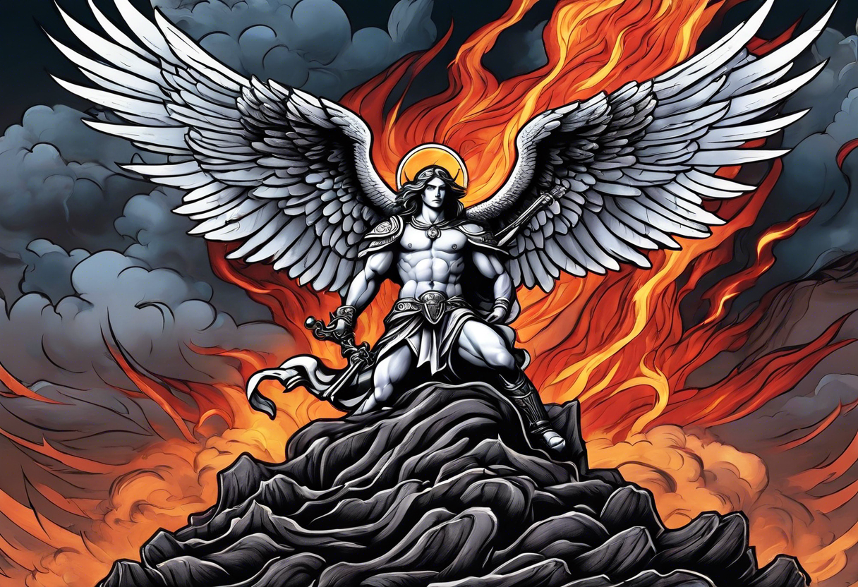 Michael the Archangel standing on top of the devil laying over hot lava.  Clouds and lightning in background. tattoo idea