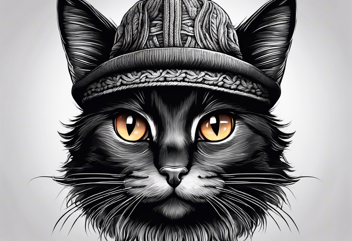 black cat with funny hat and sweater tattoo idea