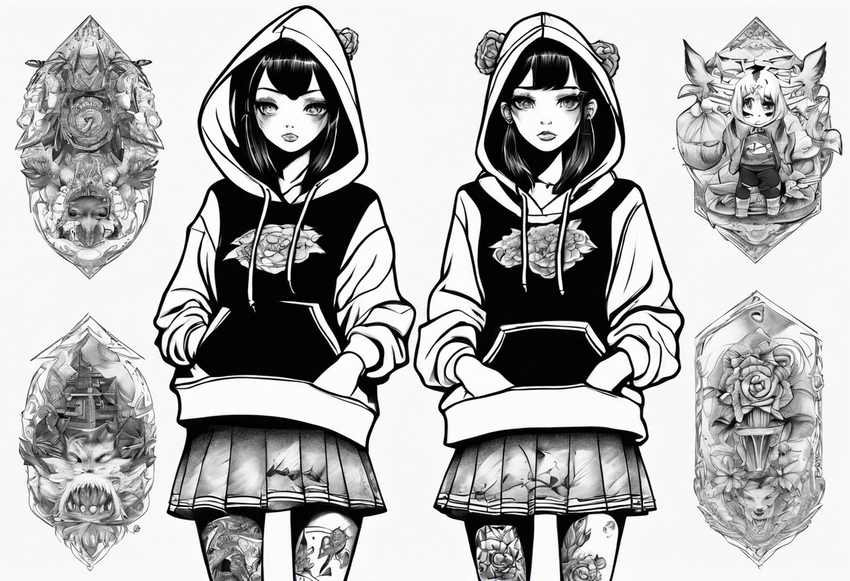 A girl in short skirt wearing a hoodie with her legs crossed tattoo idea