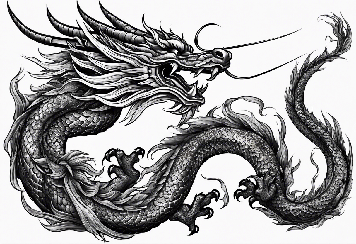 Brushstroke oriental dragon with wrapped around a sword tattoo idea