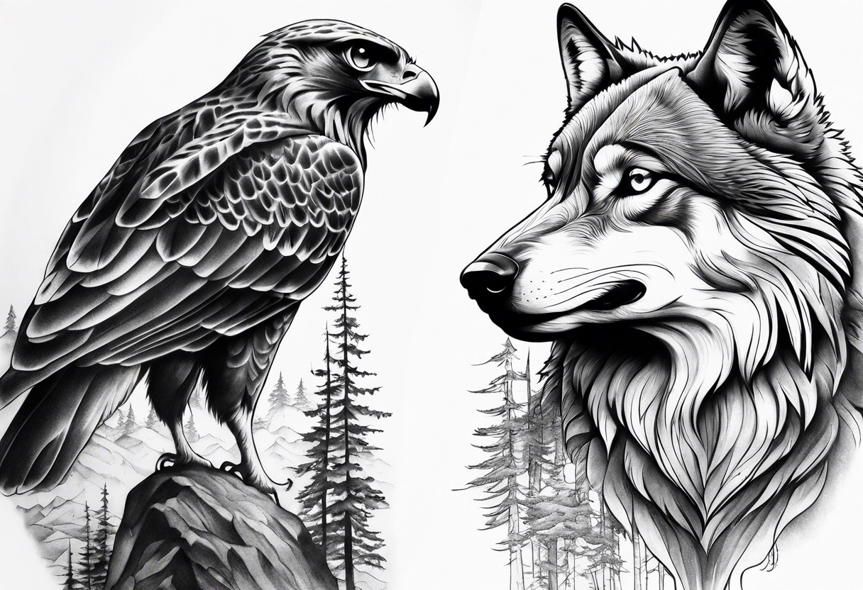 Black and grey leg tattoo of a Hawk beside a wolf in nature tattoo idea