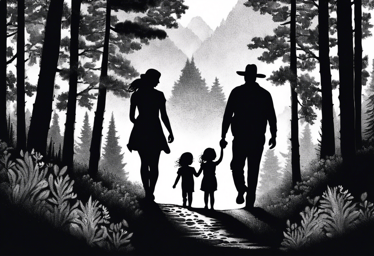 A shadow of a father and wife and young son and young daughter  of four walking through the Pacific Northwest Forrest. Mexican art. Trust in God tattoo idea