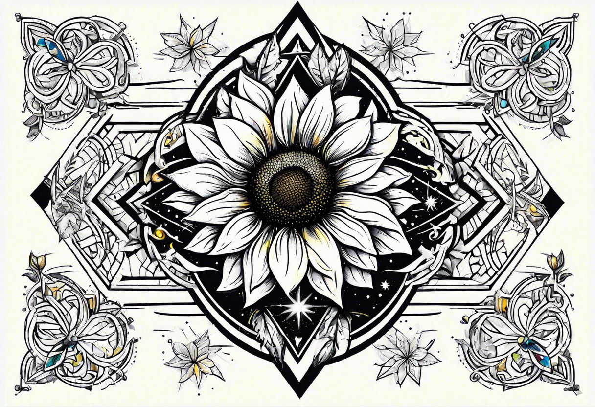 small sunflower surrounded by cosmic stars and arrow tree tattoo idea