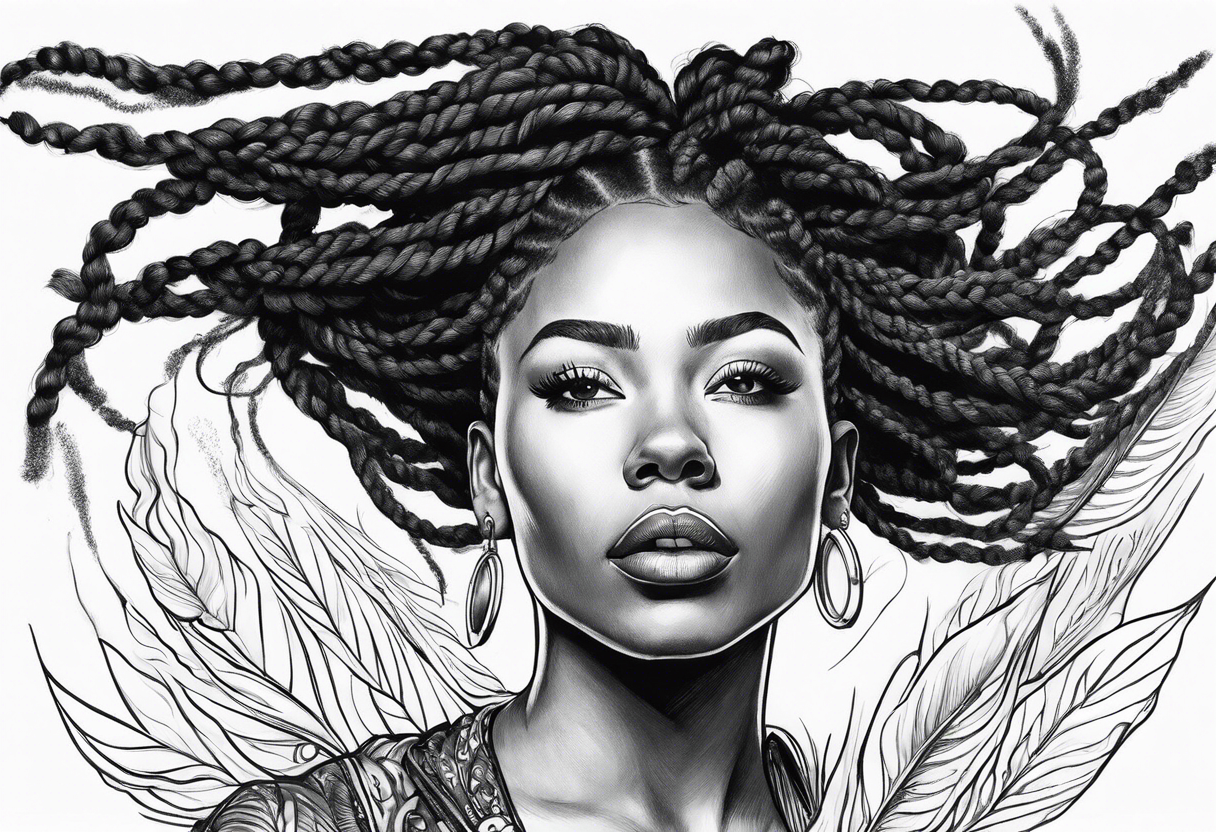 Draw a women head with real dread locks flying in the air, tattoo idea