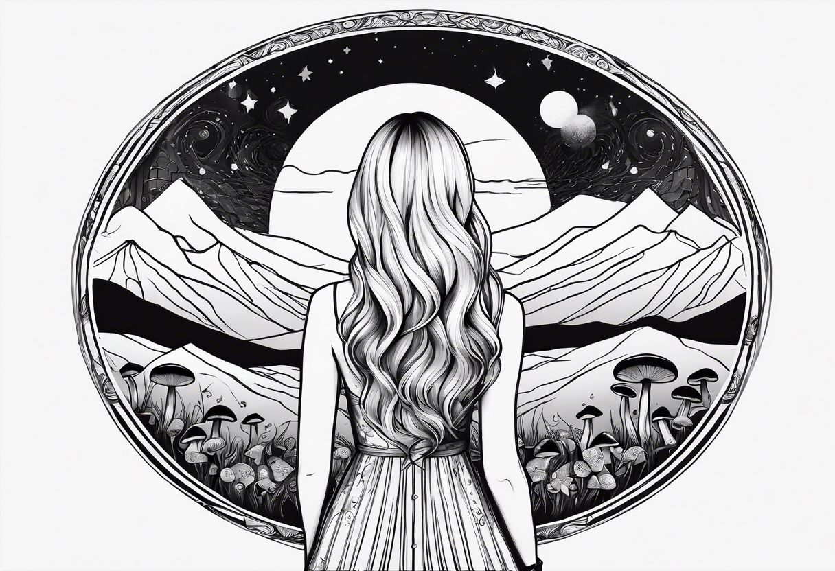 Straight blonde hair girl facing away toward mountains surrounded by mushrooms crescent moon mandala circular design black and white striped dress infinity symbol tattoo idea