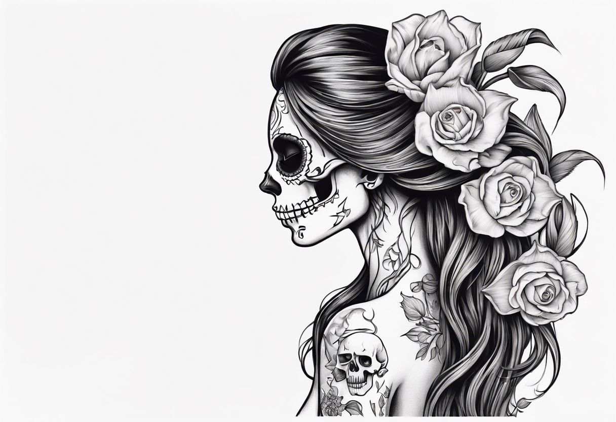 sideview of female skull with long hair and tulip tuft in hair and catrina painting, friendly mood tattoo idea